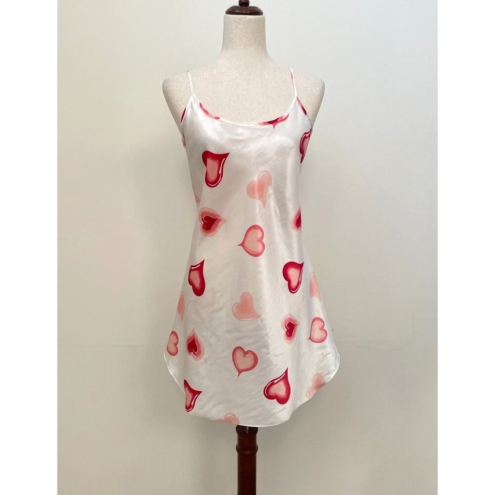 Vintage Y2K Bentley Heart Print Satin Slip Dress Womens S White Red Chemise